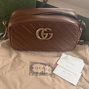 Gucci Tan/Brown Marmont Chevron Leather Crossbody with Gold GG